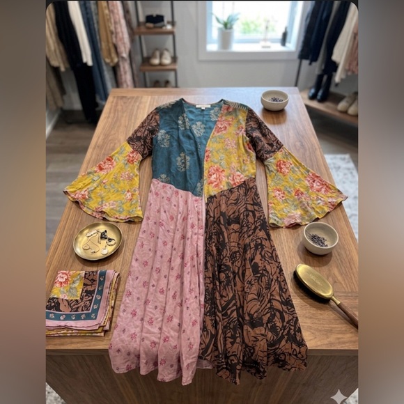 The Unbranded Brand Sweaters - Patchwork Floral Kimono in Teal, Yellow, Pink & Brown with Flowy Bell Sleeves